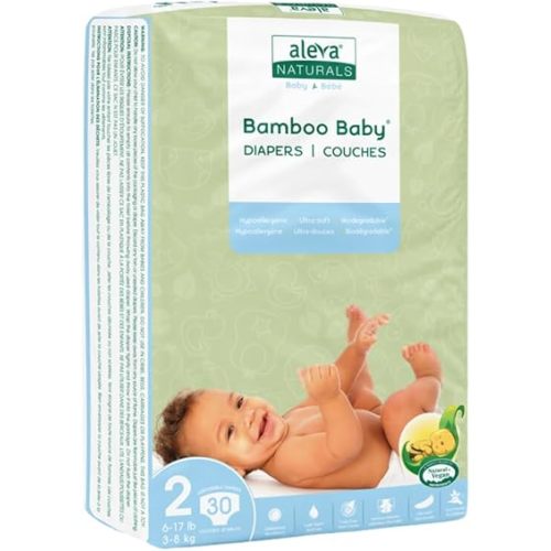 Aleva Naturals Hypoallergenic Bamboo Baby Diapers for Baby, Ultra Soft, Sensitive Skin Friendly, Biodegradable, Disposable– Size 2 (6-17 lbs/3-8 kg) | 30ct,37845