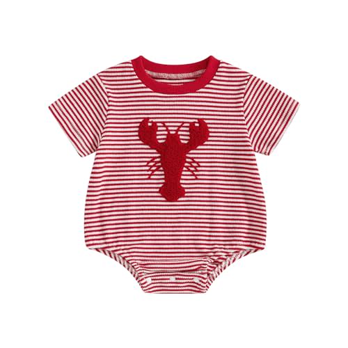 Mobbdow Infant Baby Girl Crawfish Outfit Lobster Embroidered Stripe Short Sleeve Bubble Romper Bodysuit Cute Summer Clothes