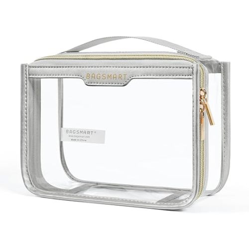 BAGSMART TSA Approved Toiletry Bag, Clear Travel Toiletry Bag, Makeup Cosmetic Pouch Bag for Women Quart Size Compliant Bag Organizer for Travel Essentials (Gray Pack of 1, Pack of 1-new model)