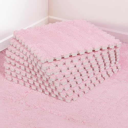 12 pcs Thickened Plush Foam Interlocking Floor Mats, Foam Mats for Floor Baby with Edgings, Soft Anti-Slip Puzzle Area Rug Playmat, Square Foam Tiles for Room Flat (11.8", Pink)