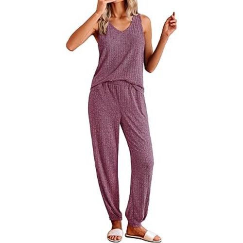 Ekouaer Women's Pajamas Sleeveless Summer Lounge Set Ribbed Knit Pj Loungewear Soft Tank Sleepwear Nightwear S-XXL