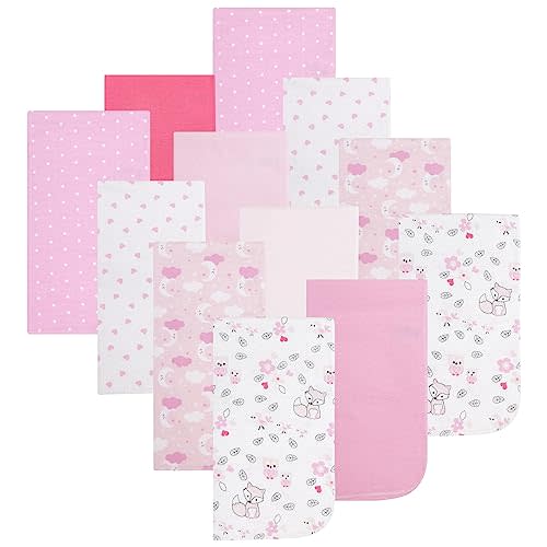 EVERYDAY KIDS 12 Pack Burp Cloths for Baby Girl; Newborn Essential with - Large Absorbent Cotton Flannel Pink Burping Cloths for Babies with Woodlands, Polka Dots and Hearts Prints and Solids