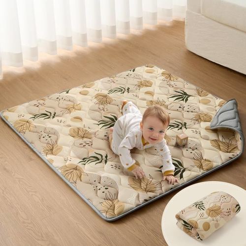 Blissful Diary Portable Baby Play Mats for Floor, Thicken Cushioned Foldable Baby Crawling Mat for Indoor Outdoor, Non-Slip & Washable Kids Playmat for Tummy Time Activity, Earth Tones 43" X 43"