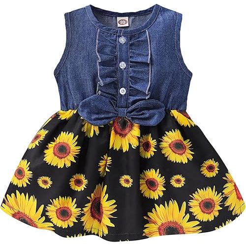 Kucnuzki Toddler Girl Outfits Baby Sunflower Princess Dresses Denim Summer Sleeveless Clothes Jean Tutu Skirts for Girls