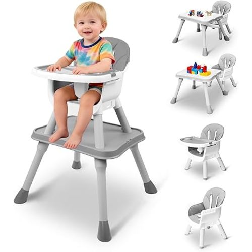 5 in 1 Baby High Chair, Toddler Chair with Removable Tray, Convertible High Chairs for Babies and Toddlers, Kids Learning Table, Building Block Table, Dining Booster Seat with Safety Harness, Gray