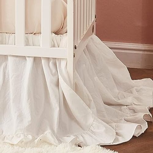 Brandream Boho Bohemian Girl Baby Nursery Crib Bed Skirt Dust Ruffle - Neutral Solid Color Beige Cream Off White Farmhouse Chic 100% Washed Cotton Ruffle