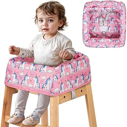 High Chair Cover for Baby Restaurant: Sprouterie Baby Highchair Covers Portable for Restaurant High Chair with Safety Harness Waterproof Stain Slip Resistant for Outdoor Indoor Eating Pink Unicorn