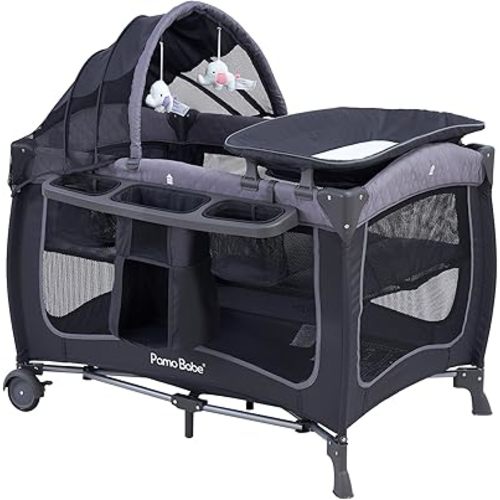 Pamo Babe Portable Baby Nursery Center Play Yard with Wheels(Grey)