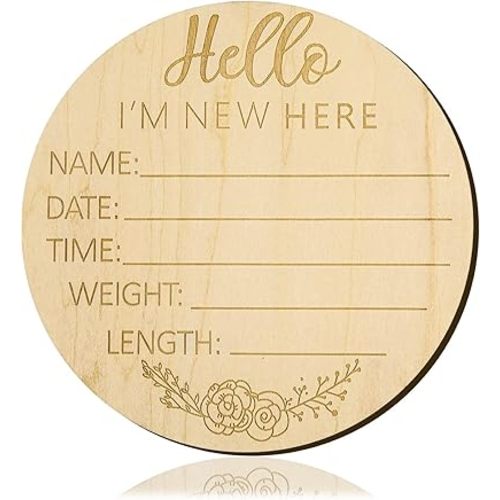 Baby Announcement Sign, 5.9 inch Hello World Newborn Sign Round Wooden Milestone Baby Nursery Name Signs for Hospital and Pregnancy Announcements