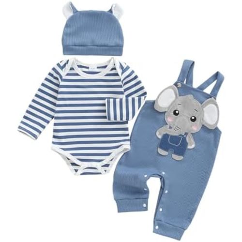 Newborn Baby Boy Fall Winter Clothes Striped Long Sleeve Romper Overall Pants Hat 3Pcs Set Cute Coming Home Outfit