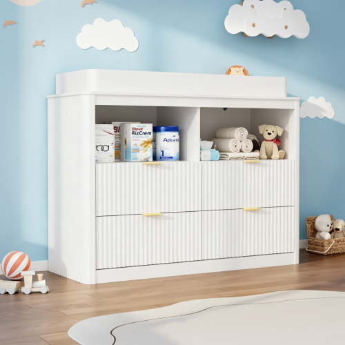 ANPOO Fluted Changing Table Dresser, 2-in-1 Convertible Baby Changing Station with Capacity Changing Tray, Removable Topper, Nursery Dresser with 4 Drawers & Open Storage, Anti-Tipping Device