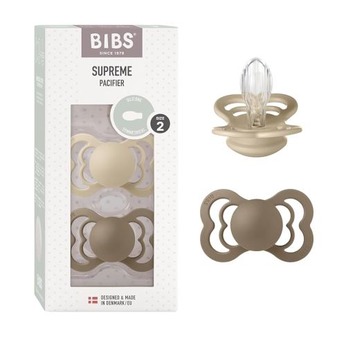BIBS Pacifiers - Supreme Collection | BPA-Free Baby Pacifier | Made in Denmark | Set of 2 Vanilla/Dark Oak Color Premium Soothers | Size 6-18 Months