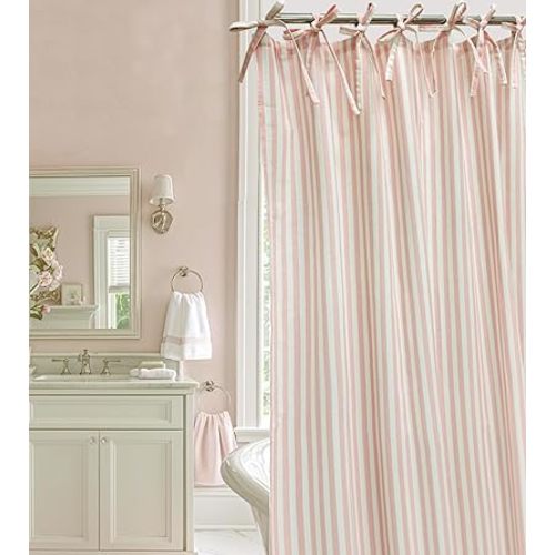 Pink Striped Shower Curtain Hookless Linen Blend Washable for Bathrooms Bedrooms Classrooms Offices and More Standard 72X72 Inches