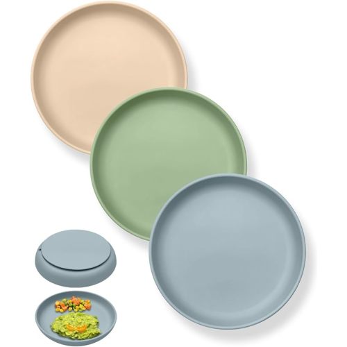 Classic Toddler Plate with Suction 3 PCS, Baby Suction Plates Set BPA Free Food Grade Silicone Plates for Baby Toddler Kids, Spill Proof Dinner Dishes Dishwasher Safe - Cappuccino & Moonlit Ocean & Sage Green