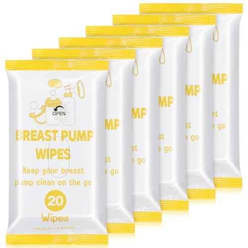 Threlaco 6 Pack 120 Count Breast Pump Wipes Quick Clean and Irritant Free Resealable Convenient Breast Pump Cleaning Wipes Hygienic Breastfeeding Supplies(Yellow)