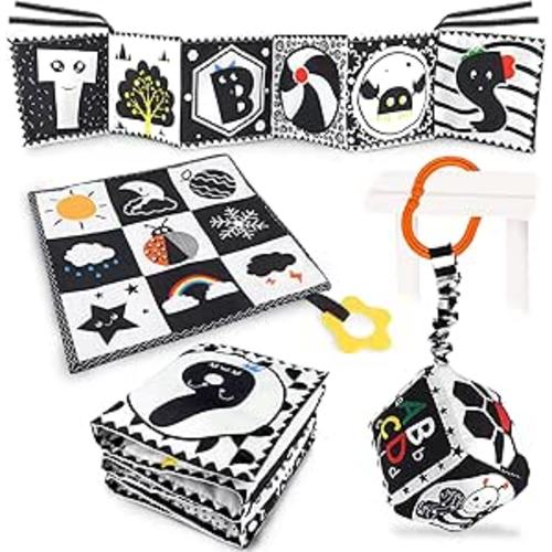 KUANGO 3 PCS Black and White High Contrast Baby Toys 0-3 Months for Newborn, Montessori Toys for Babies Sensory Soft Book for Early Education, Infant Tummy Time Toys 0 6 9 Months Baby Gifts