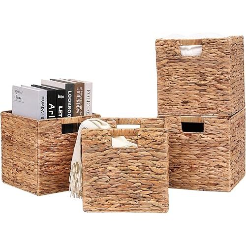Wicker Storage Cubes Foldable Water Hyacinth Baskets,Handwoven Storage Baskets for Shelves,Kitchen or Outdoor,Set of 4 Pcs,11x11x11inch