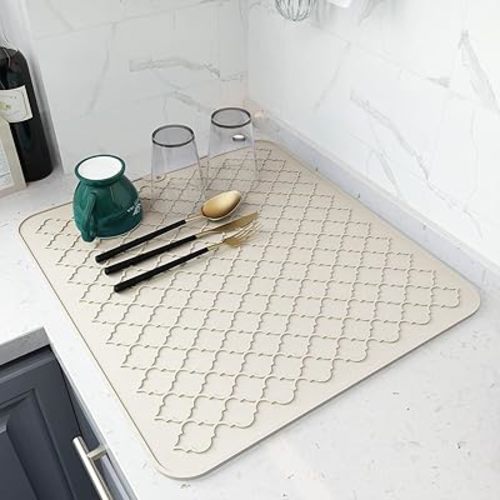 AMOAMI Dish Drying Mats for Kitchen Counter - Silicone Dish Drying Pad - Heat Resistant Mat - Kitchen Gadgets - Accessories - Small Appliances (16" x 18, BEIGE)
