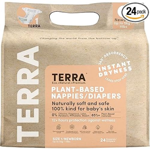 Terra Size 1 Newborn Diapers: 85% Plant-Based Diapers, Ultra-Soft & Chemical-Free for Sensitive Skin, Superior Absorbency for Day or Nighttime Diapers, Designed for Newborns up to 11 Pounds, 192 Count