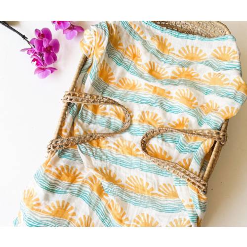 100% Organic Bamboo + Cotton Sun and Wave Print Baby Swaddle or Blanket, Surfer Nursery Decor, Boho Ocean Baby Gift, Beach Nursery Decor