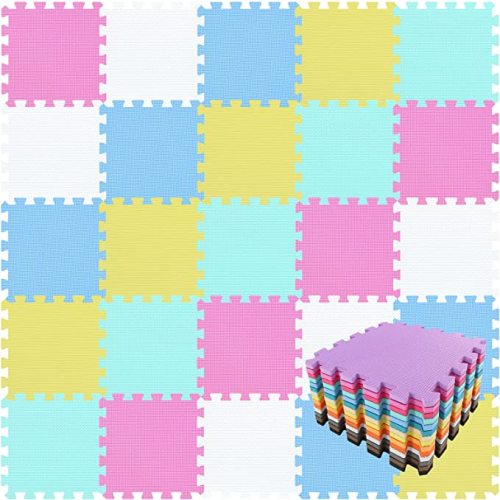 qqpp EVA Rubber 18 Tiles Interlocking Puzzle Foam Floor Mats - Baby Play Mat for Playing | Exercise Mat for Home Workout. QC-ACEGHb18N - 5 White, Pink, Yellow, Blue, Green
