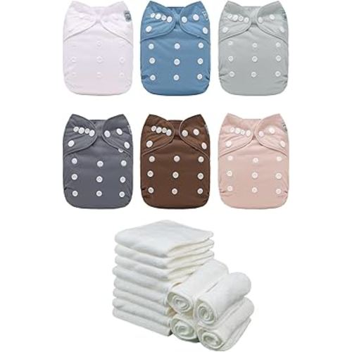 ALVABABY Baby Cloth Diaper 6 Pack with 12 Inserts One Size Cloth Diaper Covers Adjustable Washable Reusable for Baby Girls and Boys 6BM110