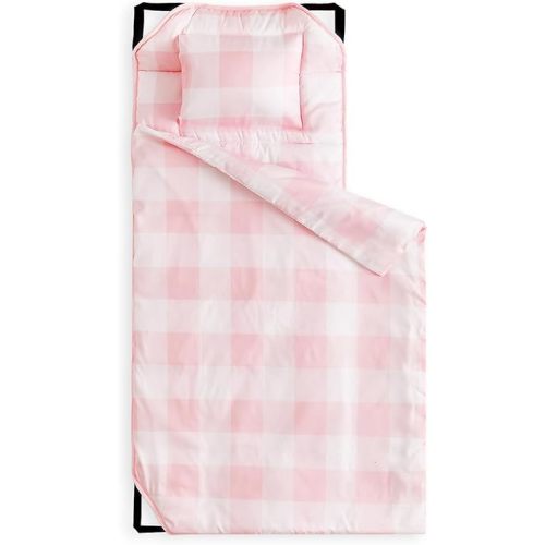 Wake In Cloud - Cot Nap Mat with Pillow and Blanket, for Toddler Kids Boys Girls in Daycare Kindergarten Preschool Pre K with Elastic Corner Straps, Buffalo Check Plaid
