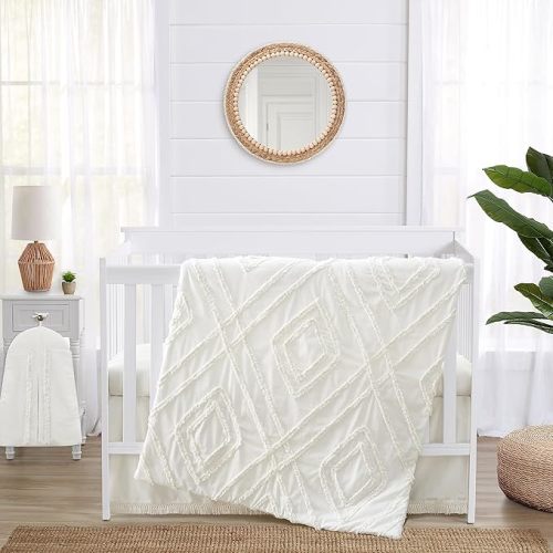 Sweet Jojo Designs Ivory Boho Diamond Boy Girl Baby Crib Bedding Set Infant Nursery Room Blanket Fitted Sheet Skirt Diaper Stacker 4pc Off White Modern Bohemian Gender Neutral Shabby Chic Cotton Tuft