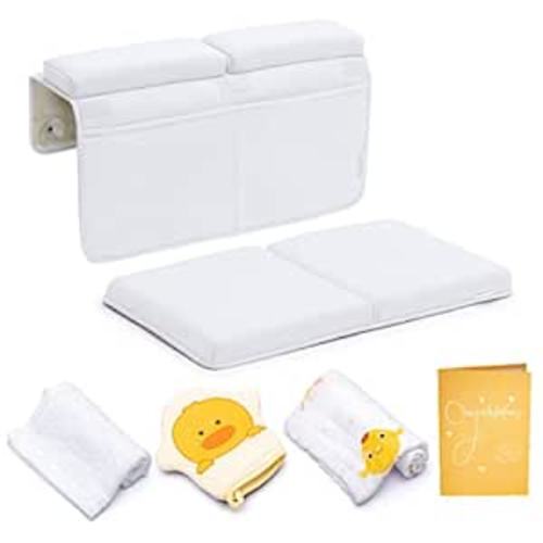 Bath Kneeler and Elbow Rest Pad, Extra Thick Baby Bath Kneeling Pad and Elbow Pad for Bathtub. Bath Tub Elbow Pad with Infant Toy and Baby Accessories Organizer, Off White Color