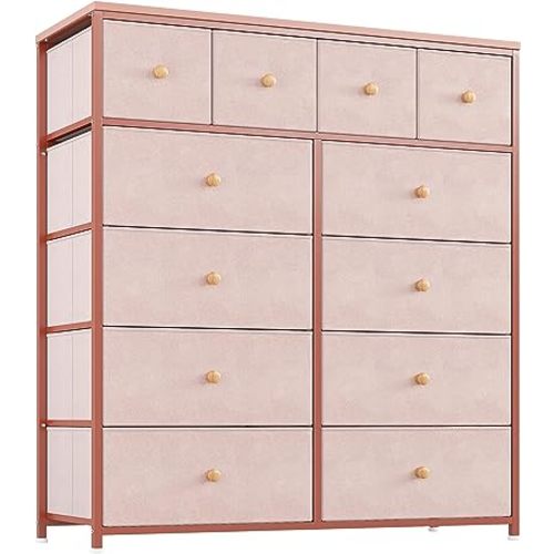 EnHomee Pink Dresser for Girls Bedroom with 12 Drawers, Dresser for Bedroom with Sturdy Metal Frame and Wooden Top, Fabric Bedroom Dressers & Chests of Drawers for Bedroom, Nursery, Closet, Pink