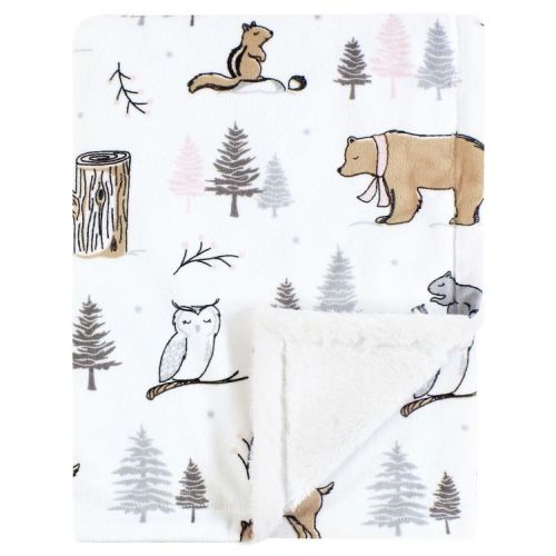 Hudson Baby Girls Plush Blanket with Furry Binding and Back, Winter Forest, One Size