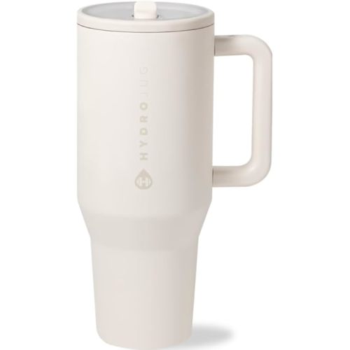 HydroJug Traveler - 32 oz Water Bottle with Handle & Flip Straw - Fits in Cup Holder, Leak Resistant Tumbler-Reusable Insulated Stainless Steel & Rubber Base - Gifts for Women & Men, Cream