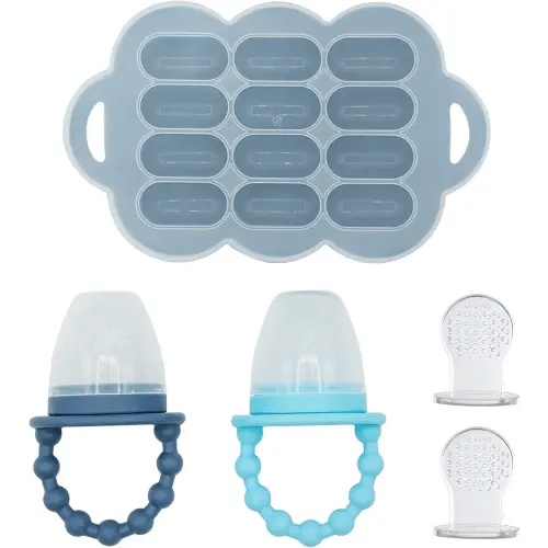 WeeSprout Baby Food Feeder Set - 2 Silicone Feeders & Reusable Freezer Tray with Lid - BPA-Free Fresh Fruit & Veggie Pacifier for Babies & Toddlers - Double as Teething Toys - Dishwasher Safe