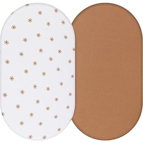 Bassinet Sheet, 100% Cotton Knitted Jersey, Fit Bassinet Crib Mattresses, Fitted Crib Sheets, Super Soft, Toddler Fitted Sheet, Unisex,2 Pack,Brown/Flowers, 17x32x4
