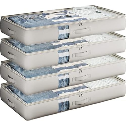 Under Bed Storage Containers with Window, Closet Organizers and Storage Bags, Foldable Underbed Storage Bags for Blankets, Clothing, Comforter, Linen Sheets, Wrapping Paper, 4 Pack, Grey