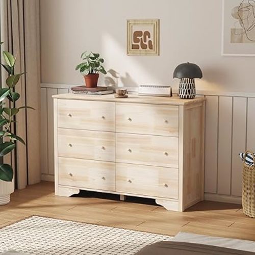 VINGLI Solid Wood Dresser Unfinished for Color DIY, Natural Real Wood Dresser 6 Drawer for Bedroom, 47.16" W*17.72" D*33" H