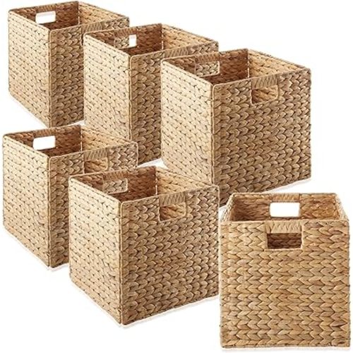 Casafield 13" x 13" Water Hyacinth Storage Baskets, Natural - Set of 6 Collapsible Cube Organizers, Woven Bins for Bathroom, Bedroom, Laundry, Pantry, Shelves