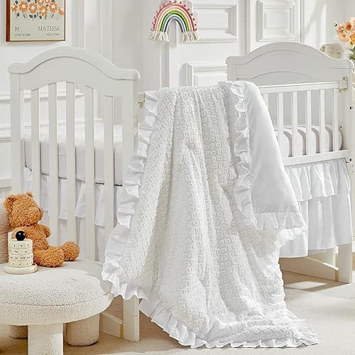 3 Pieces Tufted Crib Bedding Set with Ruffle Fringe, White Ruffled Comforter with Fitted Sheet and Bed Skirt, Soft and Embroidery Shabby Chic Boho Bohemian Jacquard Design for Baby Girls Boys