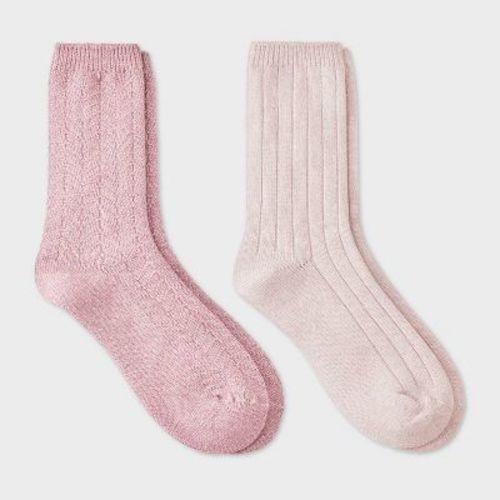 Women's Brushed Terry Lined 2pk Cozy Crew Socks - Auden™ White/Beige 4-10
