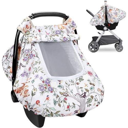 Baby Car Seat Cover, Minky Infant Car Seat Cover with Windproof & Breathable Peep Window, Protects Baby from Wind & Sun (Woodland Animals)
