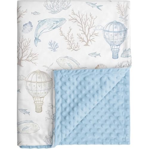 Whale Baby Fleece Blanket Neutral for Boys Girls, Soft Kid Throw Minky Blanket Double Layer with Dotted Backing, 30 x 40 Inch Blue Whale Hot-air Balloon Print