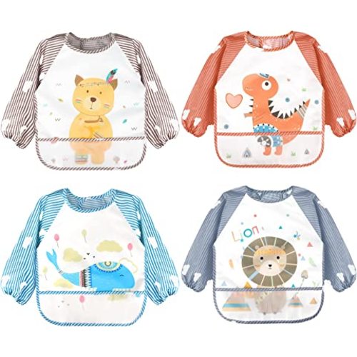 Accmor 4 Pack Long Sleeve Baby Bibs, Waterproof Sleeved Bibs for Feeding, Toddler Girls Boys Smock Bibs for 6-36 Months