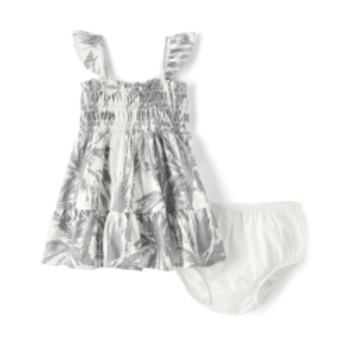 Baby Girls Matching Family Palm Tree Smocked Ruffle Dress - Fin gray