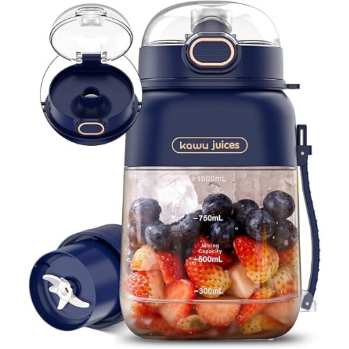 kawu Portable Blender, Smoothie Blender, Personal Blenders with 34.1 oz, No-BPA, Leakproof-Lid and Sip Spout, USB-C Rechargeable, Dishwasher Safe, Personal Mixer for Shakes, Recipes, with Handle/Strap
