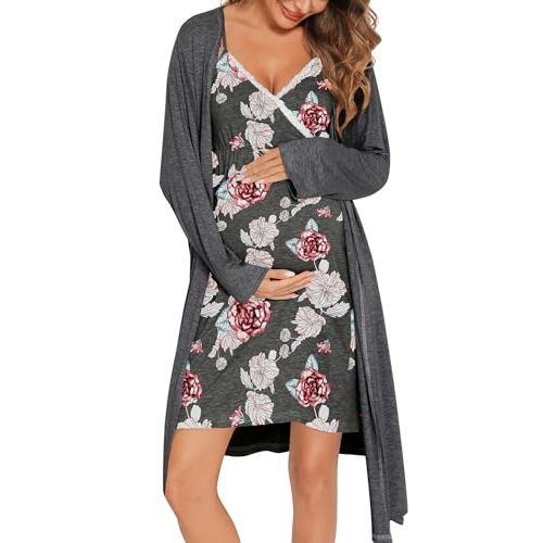 SWOMOG Womens Maternity Robe 2 Piece Nursing Nightgown for Breastfeeding 3 in 1 Labor Delivery Nursing Dress Lace Bathrobe
