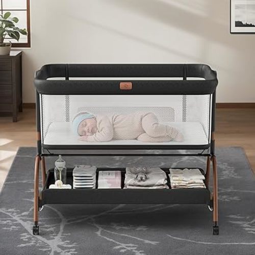 Baby Bassinet Bedside Crib, 3-in-1 Baby Bassinet Bedside Sleeper with Mattress and Soft, Breathable Sheet, Full-Mesh Sides, 6-Height Adjustable, Stable and Secure Crib for Newborns