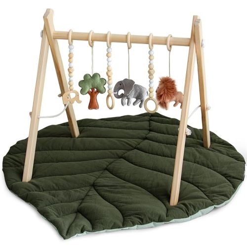 Razee Wooden Baby Play Gym Activity Mat, Leaf Shaped Play Mat Baby Gym with 6 Hanging Sensory Toys Foldable Baby Gym Newborn Infant Baby Use