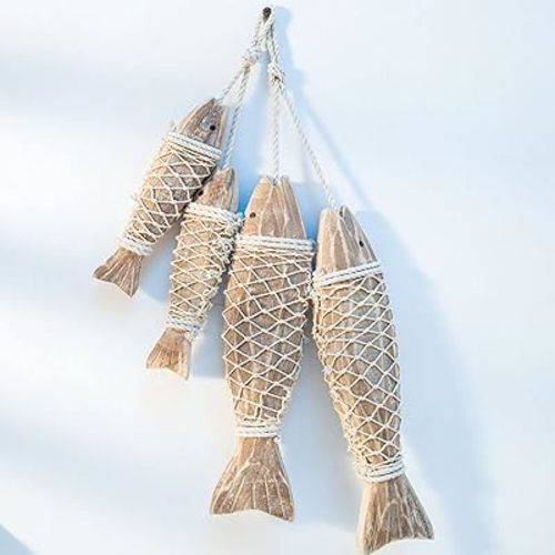 OECECR Wood Fish Vintage Wall Hanging Decor Ornament Hand Carved Wooden Fish Decorations for Home Nautical Theme Gift, Large