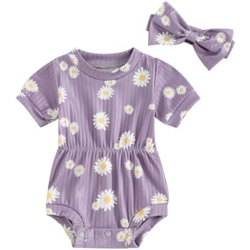 Baby Girls Romper Round Neck Short Sleeve Ribbed Daisy Bodysuit Toddler Summer Smocked Romper Clothes with Headband