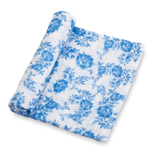 LollyBanks Baby Swaddle Blanket, 100% Cotton Muslin Blankets for Girls, Large 47 x 47 Inches Soft and Breathable Swaddles for Newborns, Gentle Baby Wrap Swaddle, Registry (Blue Peony Print)